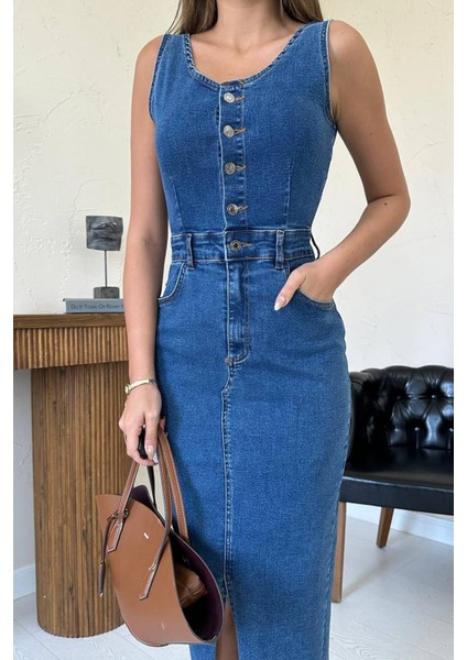 Nova Yırtmaç Detaylı Düğmeli Denim Kalem Elbise indirimleri