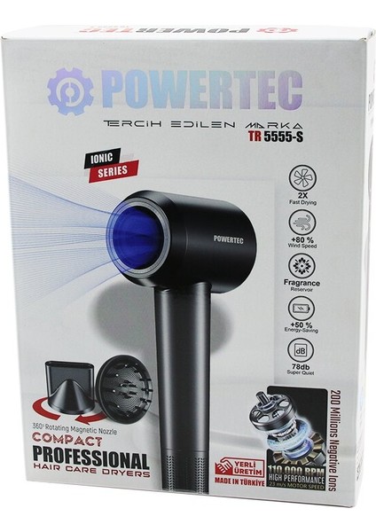 Plazma - Ionıc Saç Kurutma - Fön Makinesi Sessiz - Güçlü Motor Mıknatıslı Başlıklar TR-5555-S