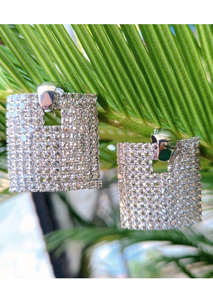 Gümüş Renk Zirkon Taşlı Lüks Abiye Küpe