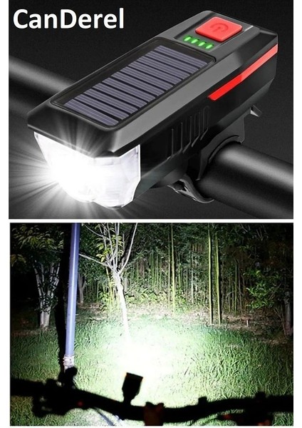 Solar Bisiklet Işığı Ön Farı Bisiklet Kornası Su Geçirmez Güneş Enerjili USB Şarjlı Ön Feneri modelleri