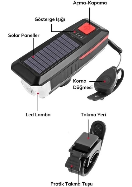 Solar Bisiklet Işığı Ön Farı Bisiklet Kornası Su Geçirmez Güneş Enerjili USB Şarjlı Ön Feneri indirimleri