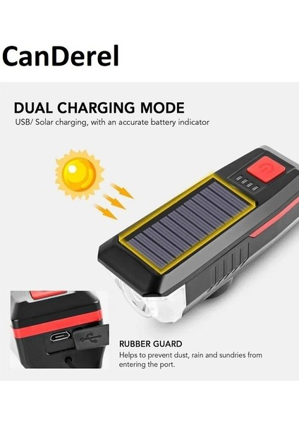 Solar Bisiklet Işığı Ön Farı Bisiklet Kornası Su Geçirmez Güneş Enerjili USB Şarjlı Ön Feneri