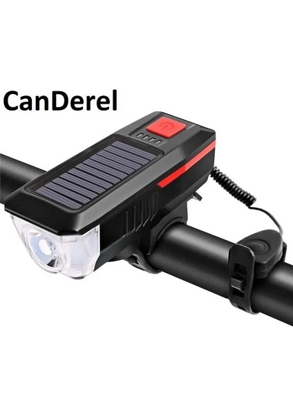 Solar Bisiklet Işığı Ön Farı Bisiklet Kornası Su Geçirmez Güneş Enerjili USB Şarjlı Ön Feneri