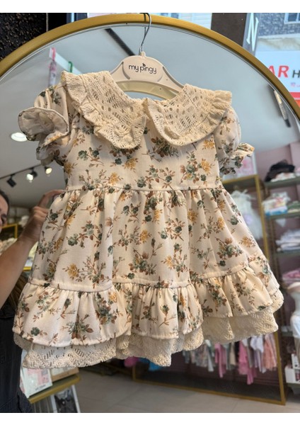 Kız Bebek Pamuklu Dantel Yaka Detaylı Çiçekli Elbise 9-12 Ay modelleri