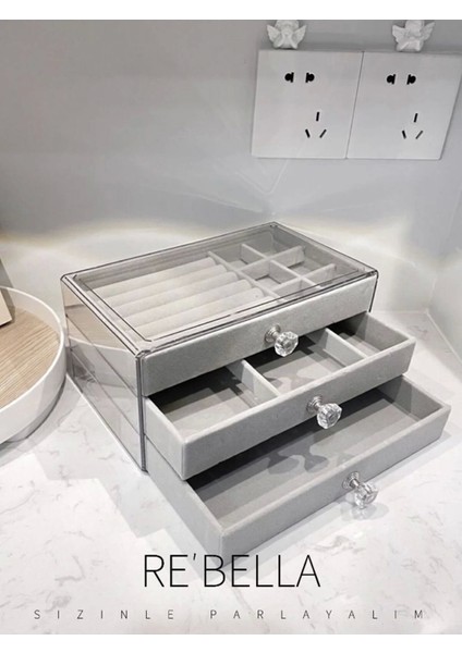 3 Çekmeceli Bölmeli Şeffaf Takı Kutusu | Mücevher Saklama Kutusu | Gri Renk Seçeneği 13X23X10 modelleri