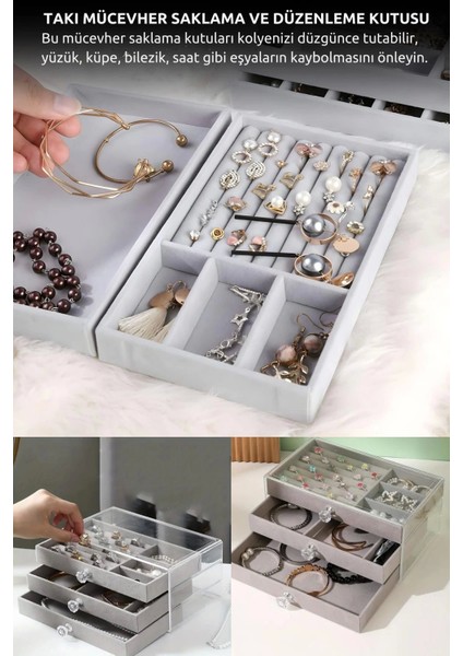 Modern Gri 3 Çekmeceli Takı Bijuteri Mücevher Kutusu Organizer Düzenleyici Şeffaf 13 x 23 x 10 cm fırsatları