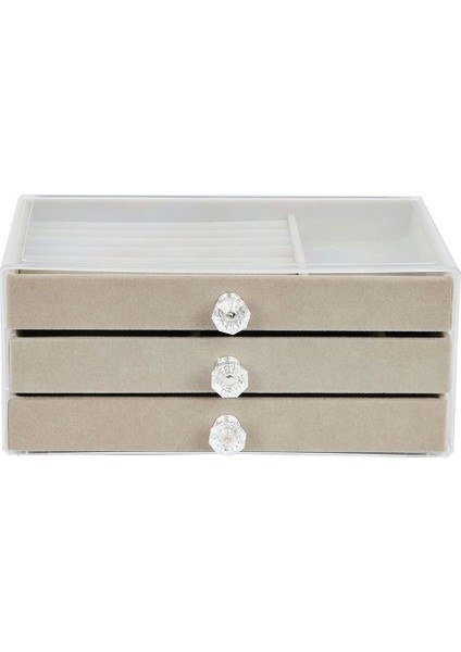 Modern Gri 3 Çekmeceli Takı Bijuteri Mücevher Kutusu Organizer Düzenleyici Şeffaf 13 x 23 x 10 cm indirimleri