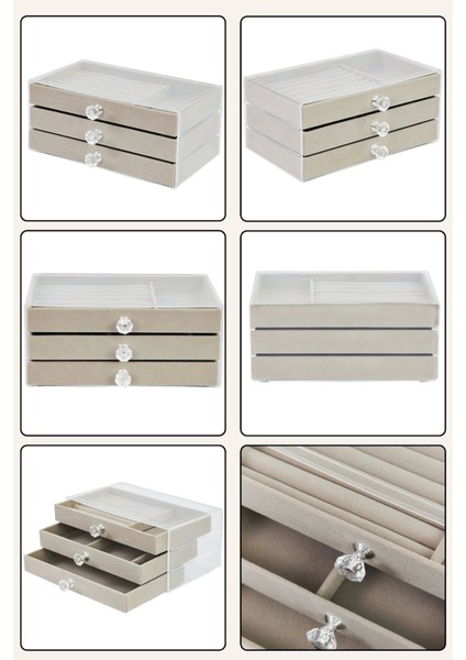 Modern Gri 3 Çekmeceli Takı Bijuteri Mücevher Kutusu Organizer Düzenleyici Şeffaf 13 x 23 x 10 cm