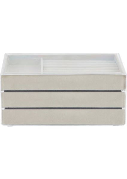 Modern Gri 3 Çekmeceli Takı Bijuteri Mücevher Kutusu Organizer Düzenleyici Şeffaf 13 x 23 x 10 cm