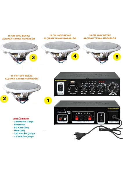 Tavan Hoparlör Seti (1 Adet Anfi + 4 Adet 100V 16 cm Tavan Hoparlör)