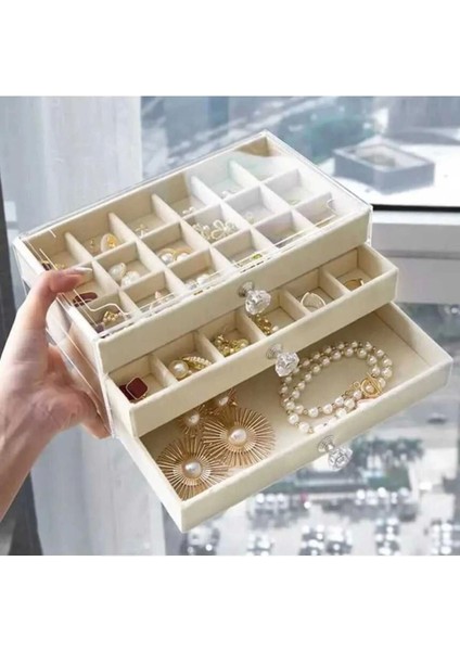 3 Çekmeceli Bölmeli Şeffaf Kadife Mücevher Takı Kutusu Küpe Yüzük Kolye Düzenleyici Organizer