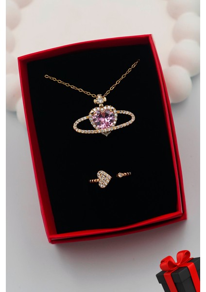 316L Çelik Kadın Zirkon Taşlı Gezegen Kolye ve Kalp Yüzük Set