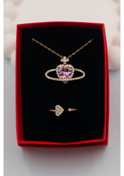 316L Çelik Kadın Zirkon Taşlı Gezegen Kolye ve Kalp Yüzük Set fiyatları