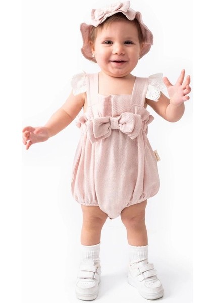 Kız Bebek Salopet Tulum Romper Waffle Kumaş Şapkalı