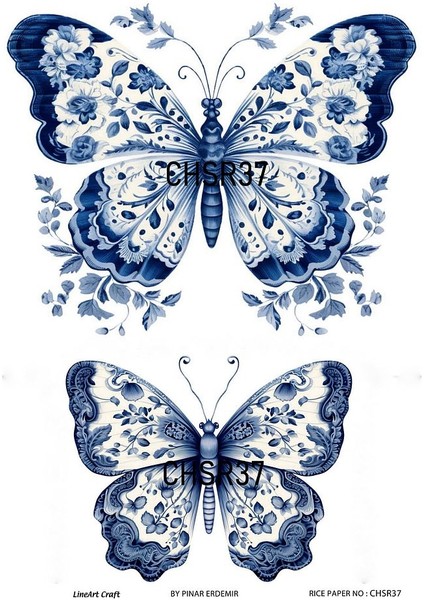 Chino Serisi CHSR37 Mavi Beyaz, Kelebek Desenli 30*42 cm Pirinç Dekopaj