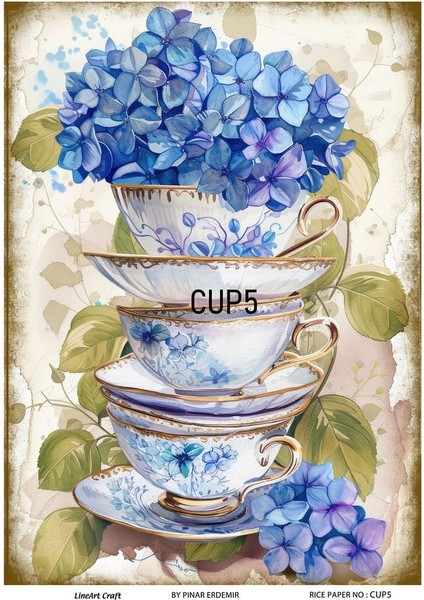 Cup Serisi Cup5 Fincan, Çiçek, Renkli Desenli 30*42 cm Pirinç Dekopaj