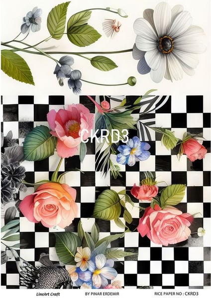 Çiçek ve Kareli Seri Ckrd3 Siyah, Beyaz, Kareli ve Çiçek Desenli 30*42 cm Pirinç Dekopaj