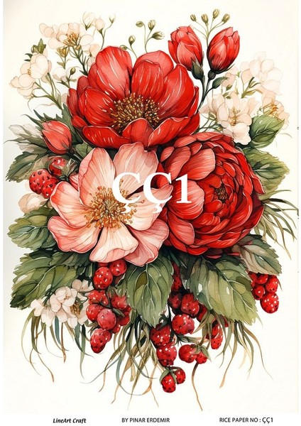 Çç1 Çilek ve Çiçek Desen Li 30*42 cm Pirinç Dekopaj