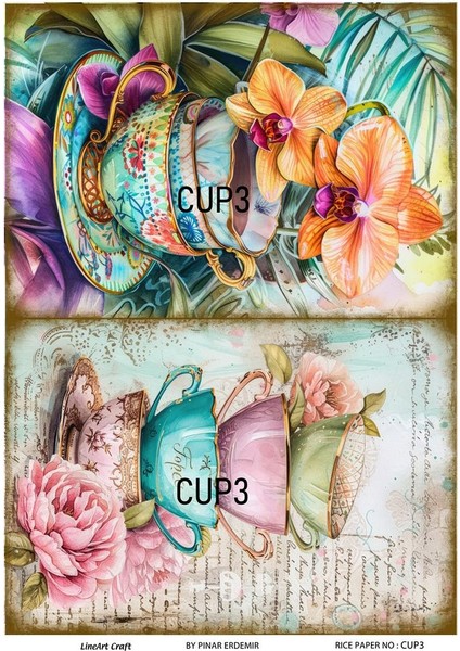 Cup Serisi Cup3 Fincan, Çiçek, Renkli Desenli 30*42 cm Pirinç Dekopaj
