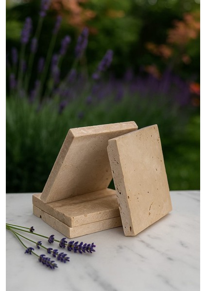 Doğal Traverten Taş Bardak Altlığı Seti – 4 Adet (10X10 Cm)