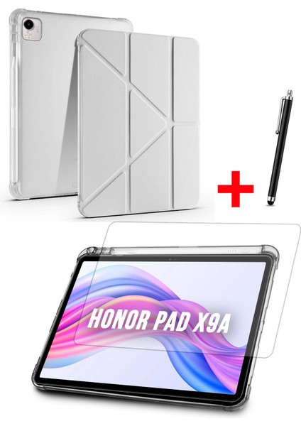 Honor Pad X9A Uyumlu Trifolding Kalem Bölmeli Silikon Kılıf, Ekran Koruyucu ve Kalem Set