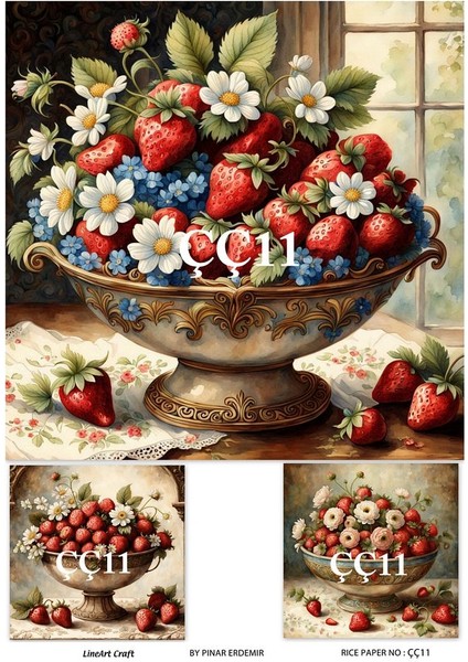 Çç11 Çilek ve Çiçek Desen Li 30*42 cm Pirinç Dekopaj
