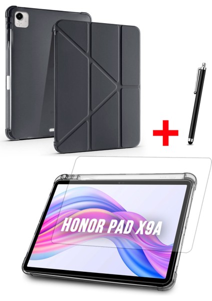 Honor Pad X9A Uyumlu Trifolding Kalem Bölmeli Silikon Kılıf, Ekran Koruyucu ve Kalem Set