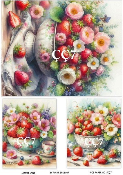 Çç7 Çilek ve Çiçek Desen Li 30*42 cm Pirinç Dekopaj