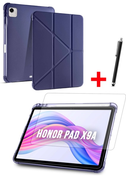 Honor Pad X9A Uyumlu Trifolding Kalem Bölmeli Silikon Kılıf, Ekran Koruyucu ve Kalem Set