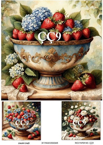 Çç9 Çilek ve Çiçek Desen Li 30*42 cm Pirinç Dekopaj