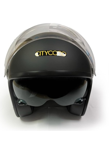 Motosiklet Yarım Kask , Mat Siyah, Çift Vizörlü, Vintage Stil, Terletme Yapmaz Pedler