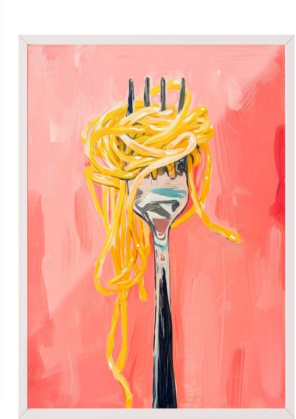 Beyaz Çerçeveli Tablo, Spagetti ve Çatal Mizahi Çizim, Mutfak Dekoru Poster No: 108019