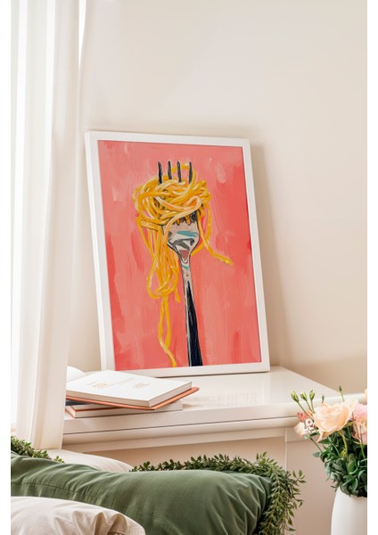 Beyaz Çerçeveli Tablo, Spagetti ve Çatal Mizahi Çizim, Mutfak Dekoru Poster No: 108019 fiyatları