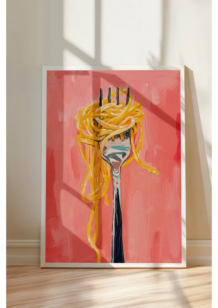 Beyaz Çerçeveli Tablo, Spagetti ve Çatal Mizahi Çizim, Mutfak Dekoru Poster No: 108019 modelleri