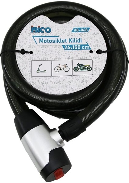 Anahtarlı Aç-Kapa Kilit Kapaklı Motor - Bisiklet Kilit Çelik Tel Siyah Şeffaf Kılıf 24MMX150CM (4887)