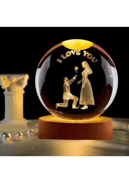 Romantik Evlenme Teklifi I Love You Kristal Cam Küre LED Işıklı USB Ahşap Taban 3D Kar Küresi Hediyelik Masaüstü Aksesuar Özel Üretim Set