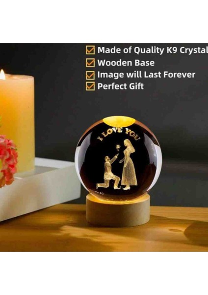Romantik Evlenme Teklifi I Love You Kristal Cam Küre LED Işıklı USB Ahşap Taban 3D Kar Küresi Hediyelik Masaüstü Aksesuar Özel Üretim Set fırsatları