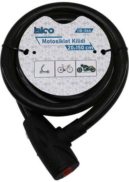 Anahtarlı Aç-Kapa Kilit Kapaklı Motor - Bisiklet Kilit Çelik Tel Siyah Şeffaf Kılıf 20MMX150CM (4887)