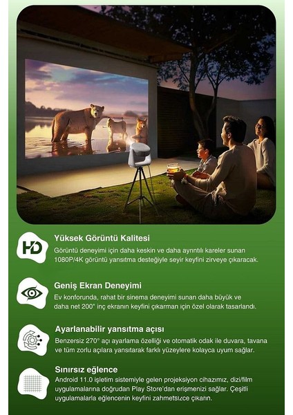 P1 Taşınabilir Powerbankli 4K Destekli 1080P Android Sistemli Sinema Projeksiyon Cihazı