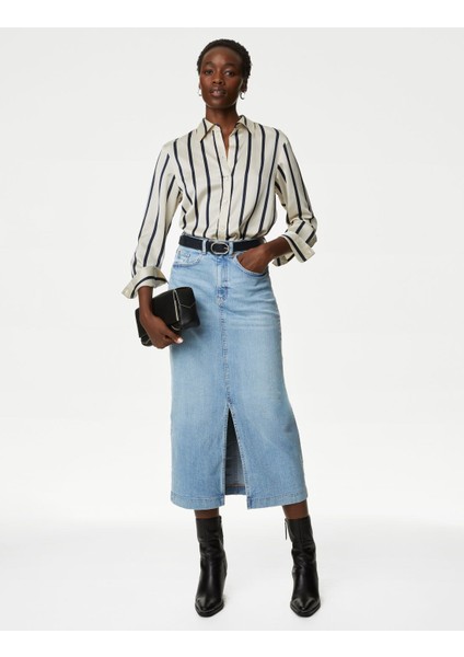 Yırtmaç Detaylı Midi Denim Etek