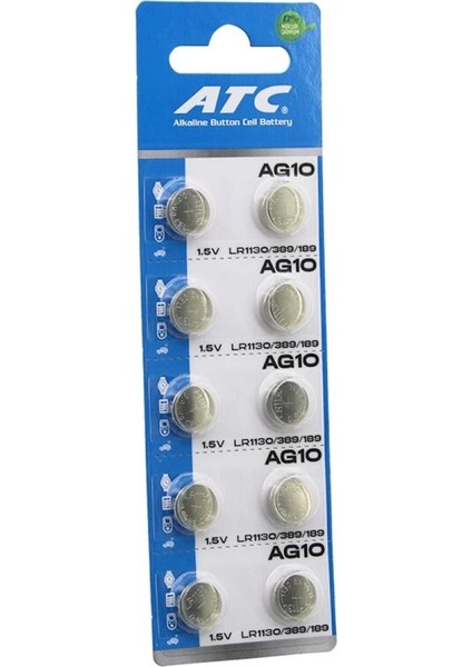 Atc Alkaline Button Battery AG10 LR-1130/389/189 Düğme Pil Alkalin 1.5V 10LU Kart (4887)