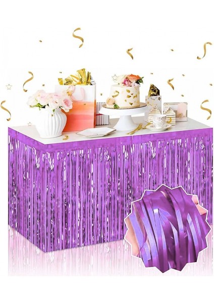 Kendinden Yapışkanlı Mor Metalize Püsküllü Masa Eteği – 75 x 275 cm Parti Süslemesi (4887)
