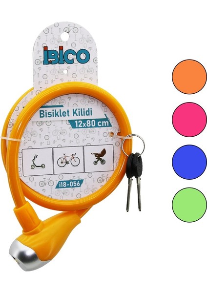 Anahtarlı Metal Uçlu Plastik Kafa Bisiklet Kilit Çelik Tel Renkli Kılıf 12MMX80CM (4915)