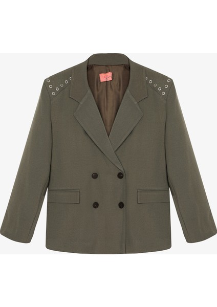 Kuş Gözü Detaylı Çift Düğmeli Oversize Blazer Ceket Haki