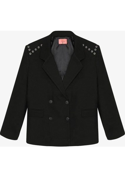 Kuş Gözü Detaylı Çift Düğmeli Oversize Blazer Ceket Siyah