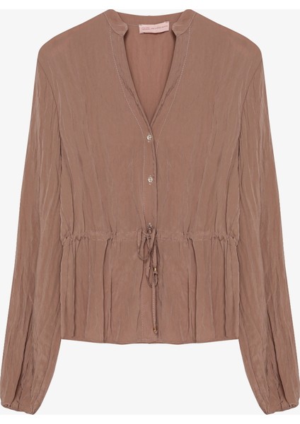 Buruşuk Dokulu Beli Bağcıklı Düğmeli Gömlek Açık Kahverengi