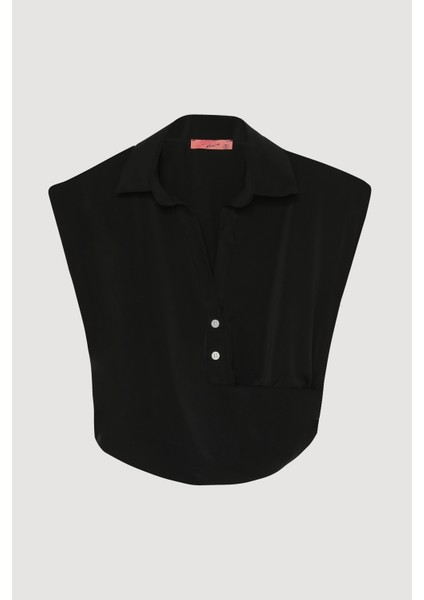 Kruvaze Detaylı Düğmeli Kolsuz Bluz Siyah