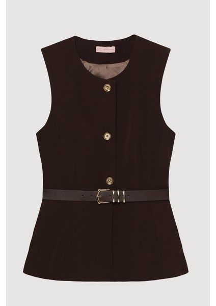 Kemer Aksesuarlı Düğmeli Kolsuz Yelek Kahverengi