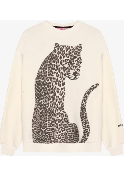 Leopar Figürlü Kolu Yazı Baskılı Sweatshirt Ekru