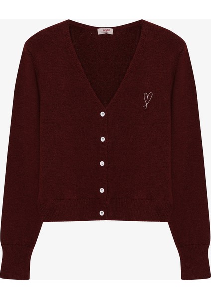 Kalp Nakışlı Düğmeli V Yaka Triko Hırka Bordo